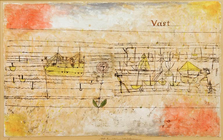 Gelbe Schiffe und Boote auf Wellenlinien, darüber das Wort Vast – Paul Klee VAST (Rosenhafen) Kunstkopie