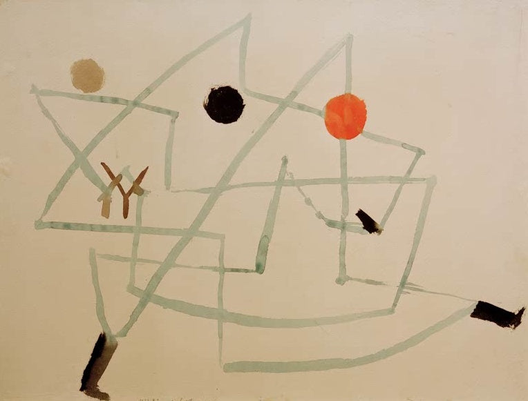 Zarte hellgrüne Linien, Kreise und dunkle Striche auf cremefarbenem Grund – Paul Klee Verhext und eilig Kunstkopie