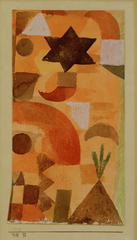 Dunkler Davidstern, Dreiecke und Kreise auf orangegelbem Grund – Paul Klee Vignette an Ägypten Kunstkopie