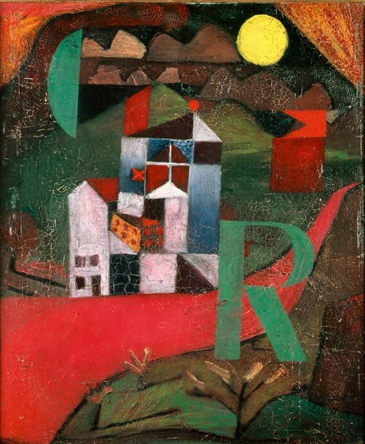 Nachtlandschaft mit gelbem Mond, weißem Haus, rotem Weg und großem grünem R – Paul Klee Villa R Kunstkopie