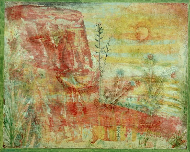 Rote Felswand, Sonne und Distelpflanzen in zarten Gelb- und Grüntönen – Paul Klee Vogel Pep Kunstkopie