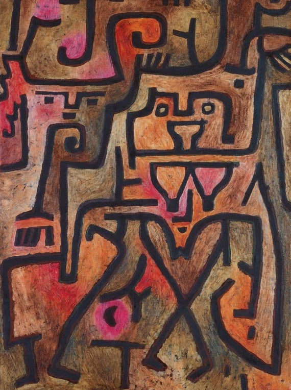 Fratzenhafte Hexengestalten in Schwarz auf rotbraunem Grund mit rosa Akzenten – Paul Klee Waldhexen Kunstkopie