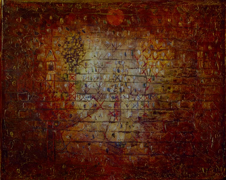 Glühende Waldlichtung mit zarten Bäumen, Kirchturm und roter Sonne in Rot und Gold – Paul Klee Waldszene Kunstkopie