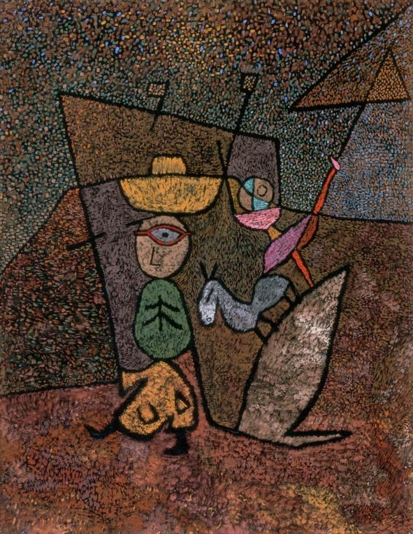 Fahrende Gestalten mit Hut und Tier vor Zelten auf dicht gepunktetem braunem Grund – Paul Klee Wanderzirkus Kunstkopie