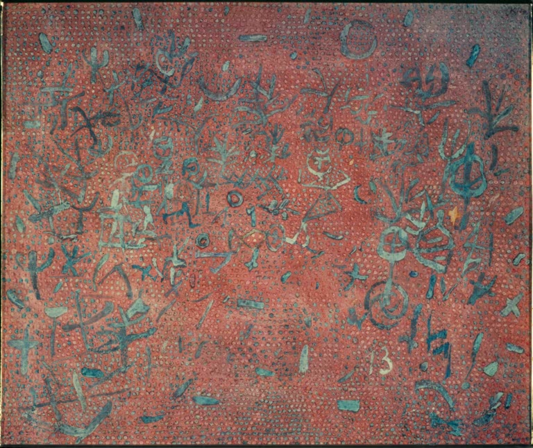 Rotes Feld mit türkisfarbenen Zeichen und Pflanzenformen – Paul Klee Wie Kraut und Rüben Kunstkopie