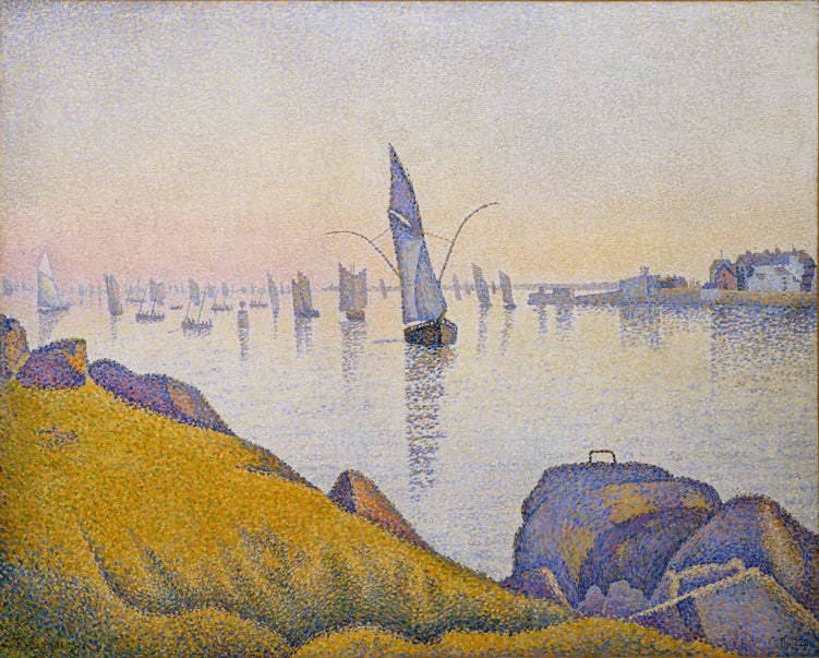Paul Signac Abendruhe Concarneau Kunstkopie, pointillistische Bucht mit Segelbooten im goldenen Abendlicht