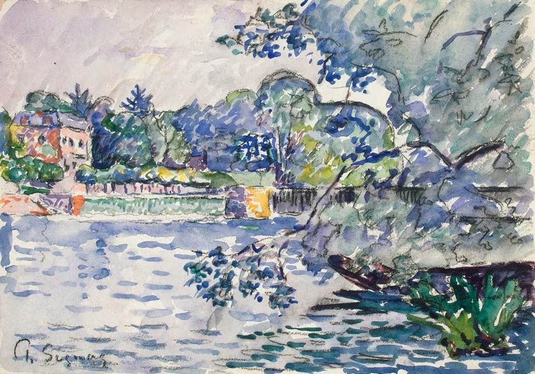 Blaue Bäume am Flussufer mit welligem Wasser und Boot – Paul Signac Am Ufer der Seine Kunstkopie