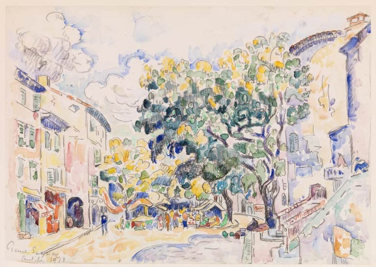 Platz mit blühenden Bäumen zwischen Häusern in Aquarellfarben – Paul Signac Antibes Kunstkopie