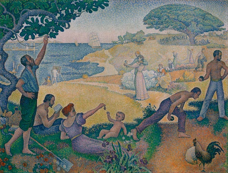 Menschen ruhen und spielen an sonniger Bucht unter Feigenbaum – Paul Signac Au temps de l'harmonie Kunstkopie
