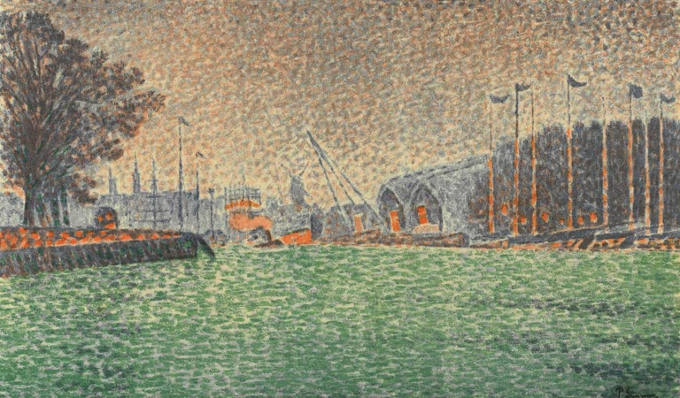 Hafenbecken mit grünem Wasser, Kränen und kahlem Baum – Paul Signac Bei Vlissingen Kunstkopie