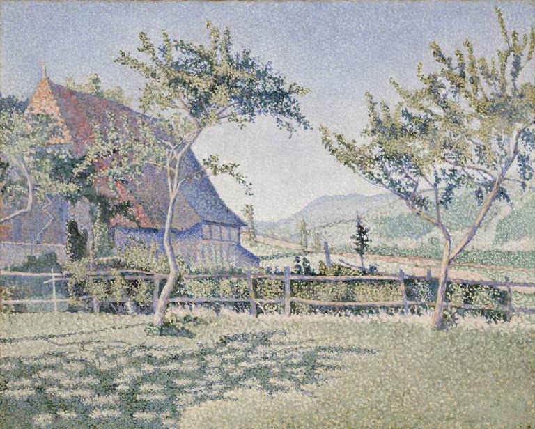 Wiese mit Bauernhaus, Zaun und jungen Bäumen – Paul Signac Comblat-le-Château, die Wiese Kunstkopie