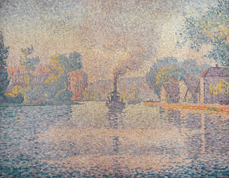 Kleiner Dampfer mit Rauchfahne auf dunstigem Fluss – Paul Signac Dampfer auf der Seine Kunstkopie