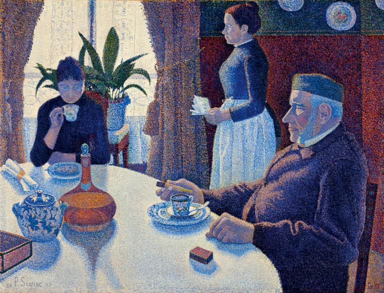 Frühstückstisch mit Frau, Dienstmädchen und rauchendem Mann – Paul Signac Das Esszimmer, Opus 152 Kunstkopie
