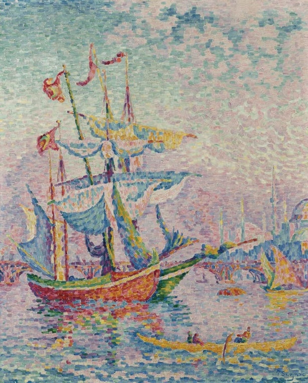 Paul Signac Das Goldene Horn Kunstkopie, rotes Segelboot mit Wimpeln im rosafarbenen Licht über Konstantinopel