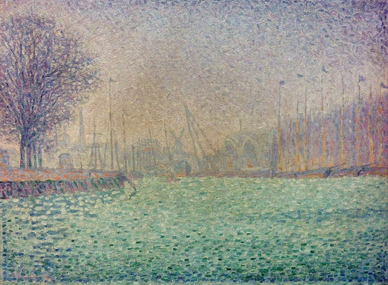 Dunstiger Hafen mit kahlem Baum, Masten und grünlich getupftem Wasser – Paul Signac Das Hafenbecken von Flushing Kunstkopie