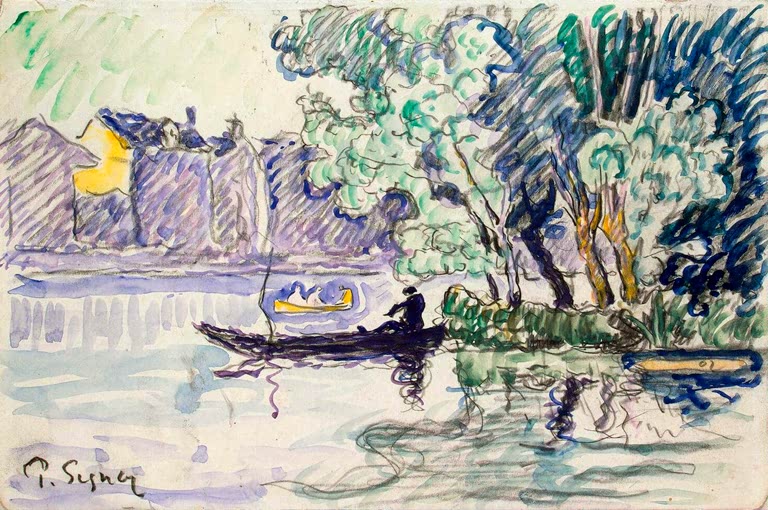 Fischer im Boot am bewachsenen Seineufer – Paul Signac Der Fischer in einem Boot Kunstkopie