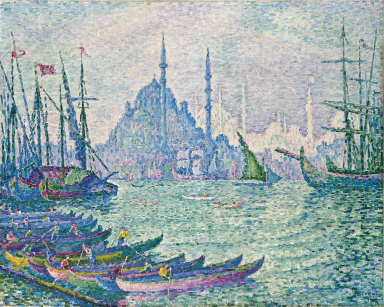 Moschee mit Minaretten über dem Wasser, bunte Boote im Vordergrund – Paul Signac Der Goldene Horn, Minarette Kunstkopie