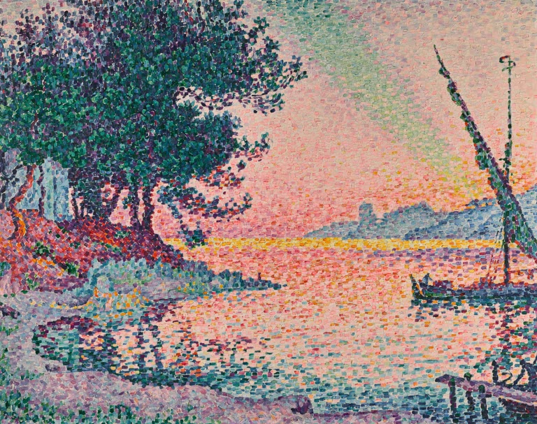 Rosa Abendhimmel über Bucht mit Bäumen und Segelboot – Paul Signac Der grüne Strahl Kunstkopie