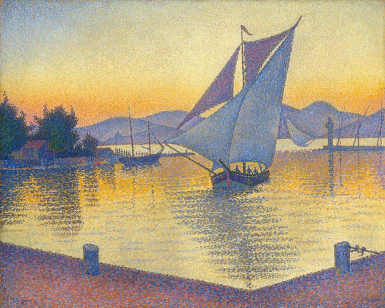 Segelboot auf goldgelb schimmerndem Wasser vor Hügeln – Paul Signac Der Hafen bei Sonnenuntergang Kunstkopie