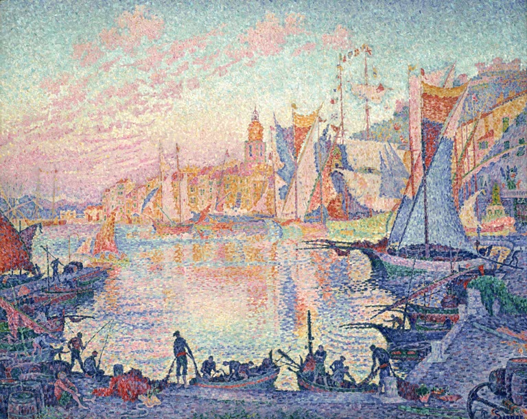 Hafen im rosa Abendlicht mit Segeln, Kirchturm und Fischern am Ufer – Paul Signac Der Hafen von Saint-Tropez Kunstkopie