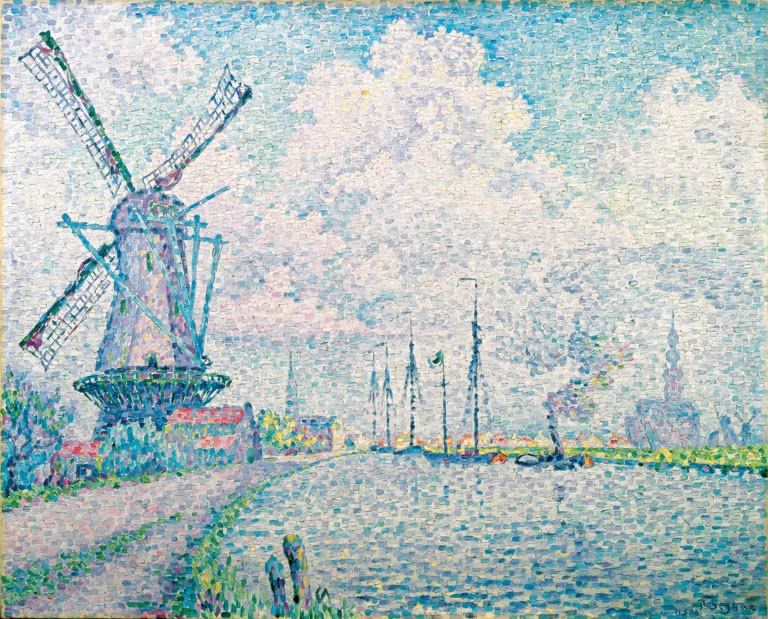 Windmühle am Kanal mit Segelmasten in der Ferne unter weißen Wolken – Paul Signac Der Kanal von Overschie Kunstkopie
