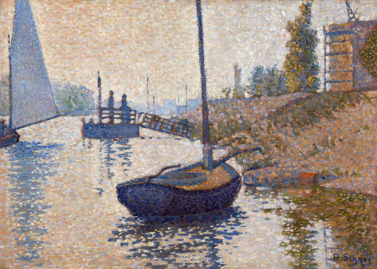 Segelboot am Ufer, Anlegesteg und Häuser im flimmernden Licht eines Flusses – Paul Signac Der Ponton der Félicité Kunstkopie