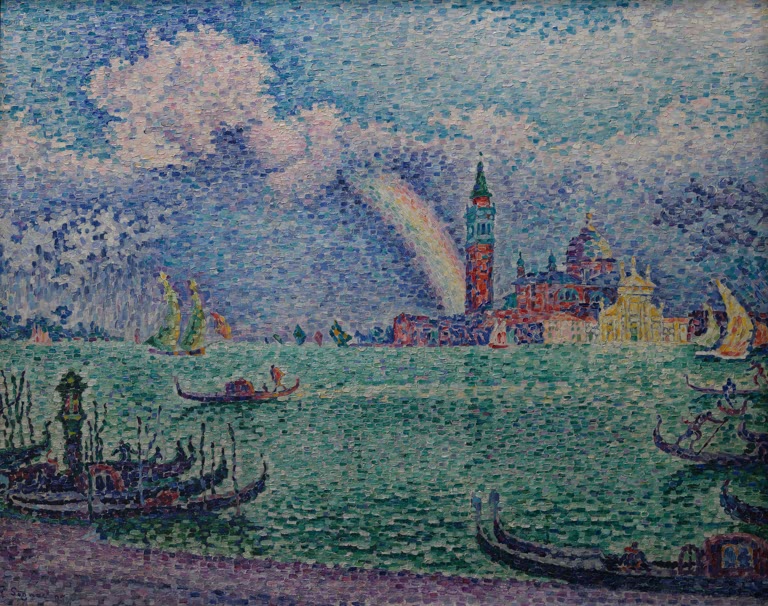 Regenbogen über der Lagune von Venedig, Gondeln und Kirchenkuppel – Paul Signac Der Regenbogen, Venedig Kunstkopie