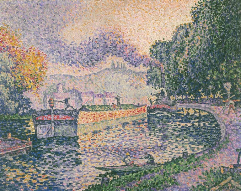 Schleppdampfer mit Rauch auf einem Kanal, grüne Ufer – Paul Signac Der Schleppdampfer, Kanal in Samois Kunstkopie