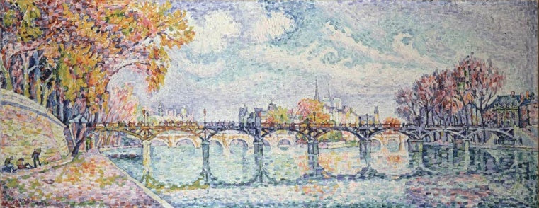Breite Brücke über die Seine mit herbstlichen Bäumen und Blick auf die Stadt – Paul Signac Die Brücke der Künste Kunstkopie