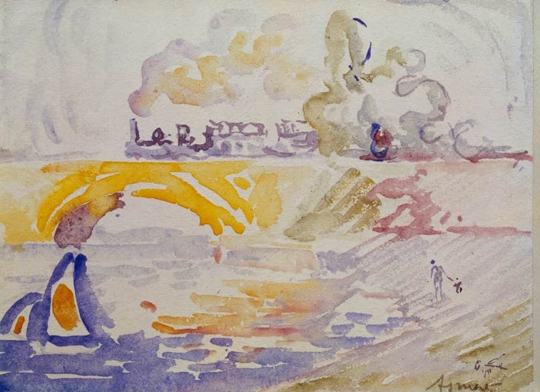 Gelbe Brücke, violette Segelboote und zarte Wolken in Aquarell – Paul Signac Die Brücke von Asnières Kunstkopie