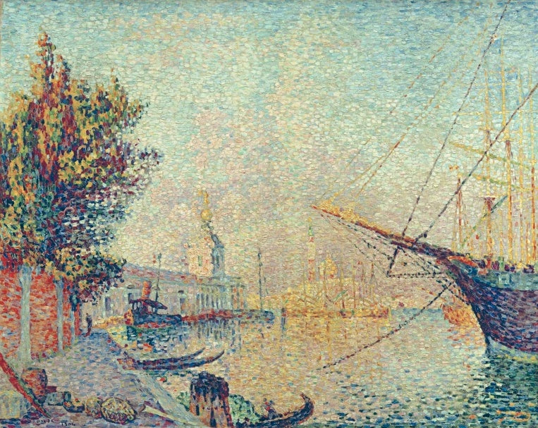 Paul Signac Die Dogana Venedig Kunstkopie, pointillistische Hafenansicht mit Segelschiff und Gondel