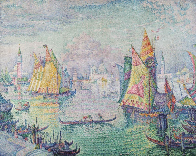 Bunte Segelboote und Gondeln in der Lagune – Paul Signac Die Lagune von San Marco, Venedig Kunstkopie
