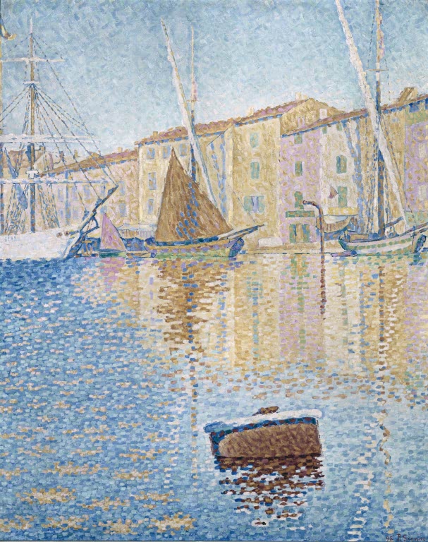 Segelboote vor gelben Häusern, im Vordergrund eine Boje – Paul Signac Die Rote Boje, Saint-Tropez Kunstkopie