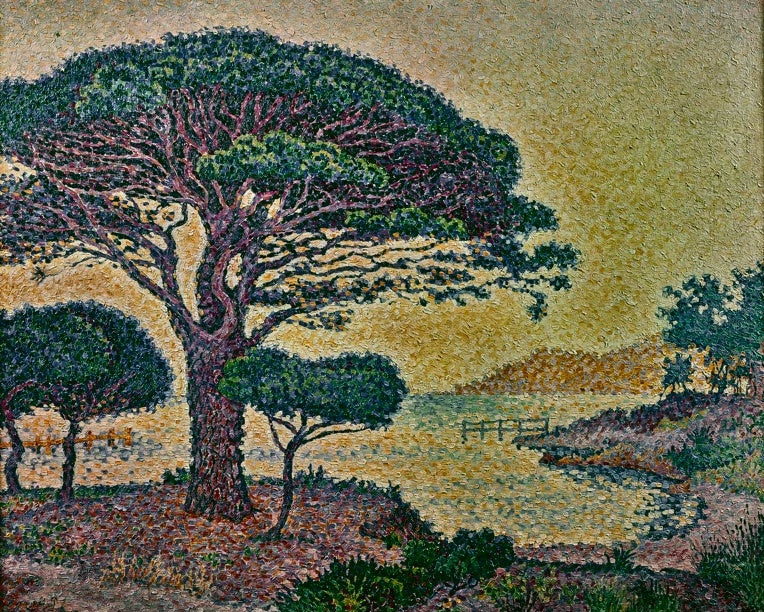 Paul Signac Schirmpinie bei den Caroubiers Kunstkopie, pointillistische Pinie vor goldener Bucht bei Saint-Tropez