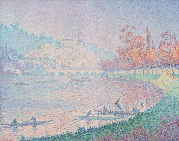 Paul Signac Die Seine bei Saint-Cloud Kunstkopie, herbstliche Flusslandschaft mit Brücke und Ruderbooten