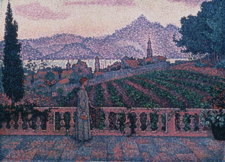 Paul Signac Die Terrasse in Saint-Tropez Kunstkopie, Frau auf Balustrade mit Blick auf Weinberge und Berge