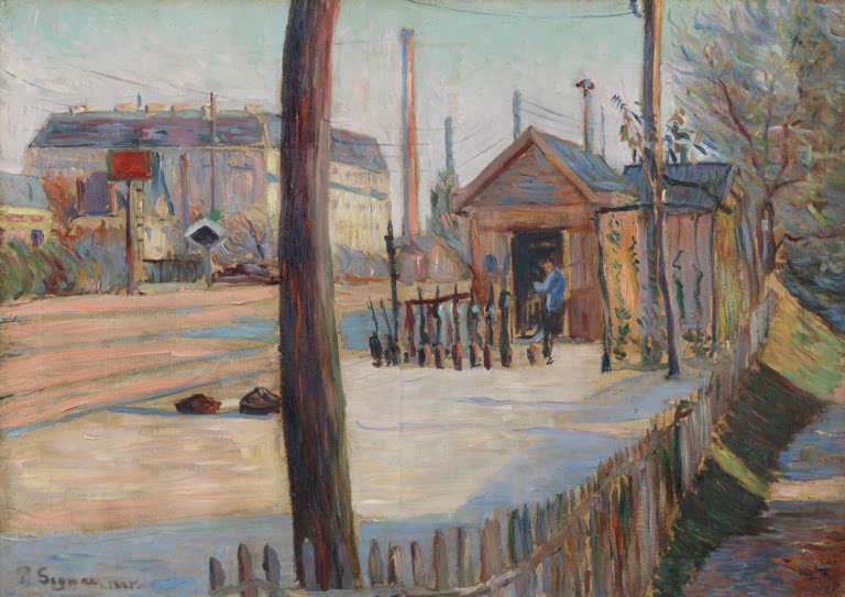Holzhütte und Zaun an Gleisen mit Fabrikschloten – Paul Signac Eisenbahnknotenpunkt Bois-Colombes Kunstkopie