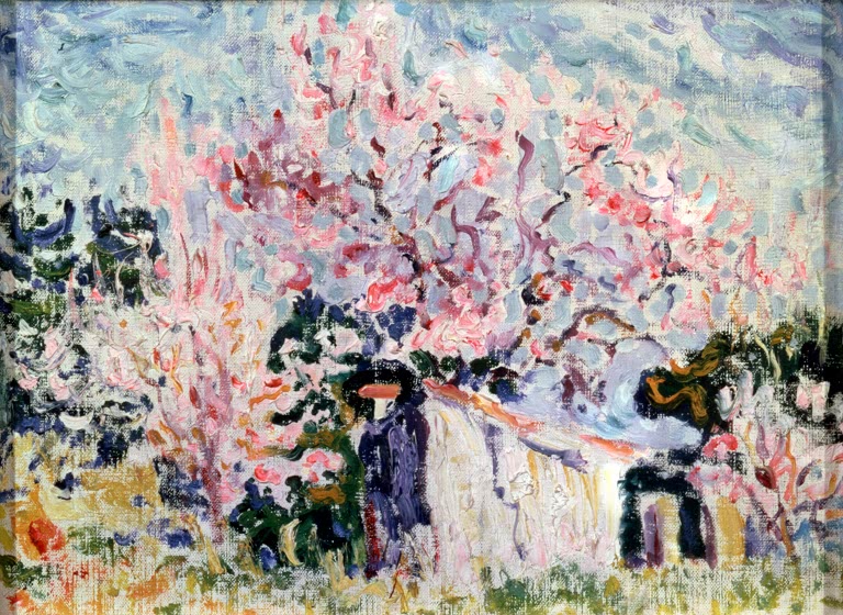 Blühender rosa Baum und dunkle Gestalten, kräftige Pinselstriche – Paul Signac Frühling in der Provence Kunstkopie