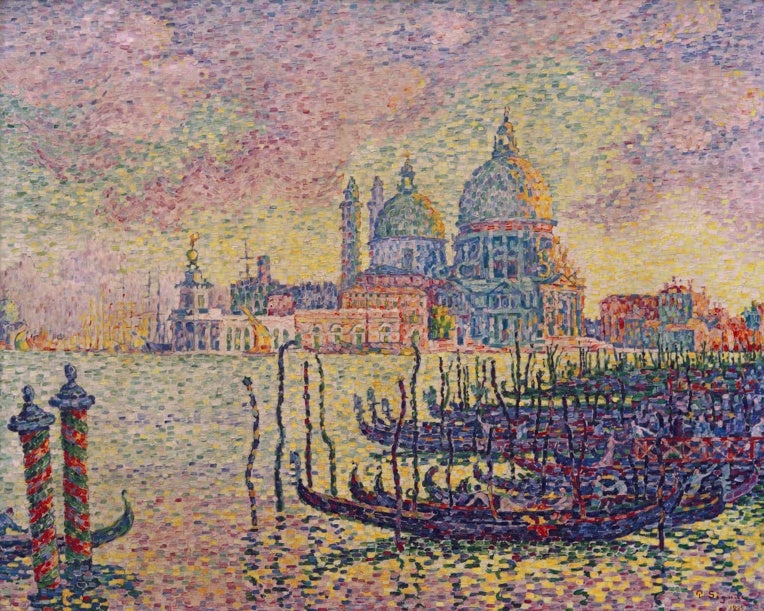 Paul Signac Grand Canal Venedig Kunstkopie, bunte Gondeln vor Kuppelkirche im rosafarbenen Abendlicht