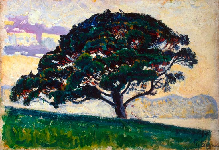 Dunkle Pinie auf grünem Hügel vor gelbem Himmel – Paul Signac Große Pinie, Saint-Tropez Kunstkopie