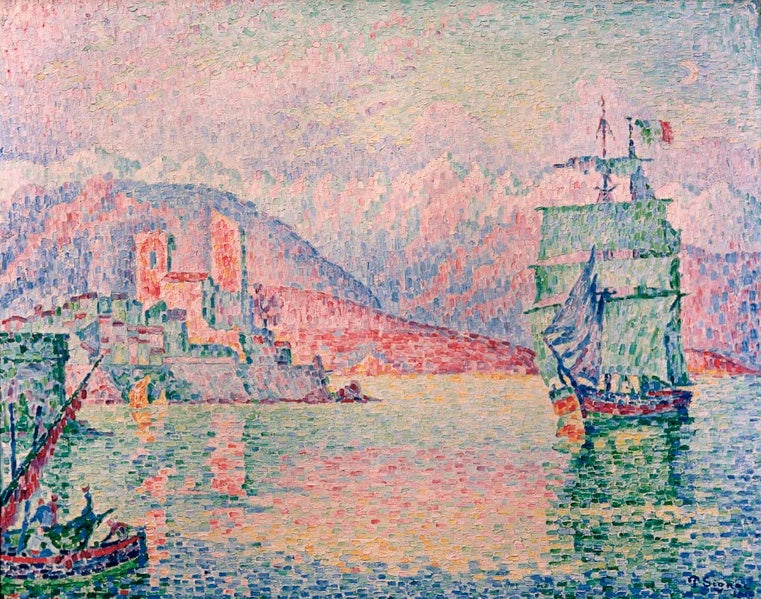 Rosa Küstenfelsen mit Festung und Dreimaster auf ruhigem Wasser – Paul Signac Hafen von Antibes im Abendlicht Kunstkopie