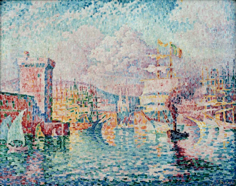 Hafen mit Festungsturm, Dampfer und Segelbooten in leuchtenden Farbtupfern – Paul Signac Hafen von Marseille Kunstkopie