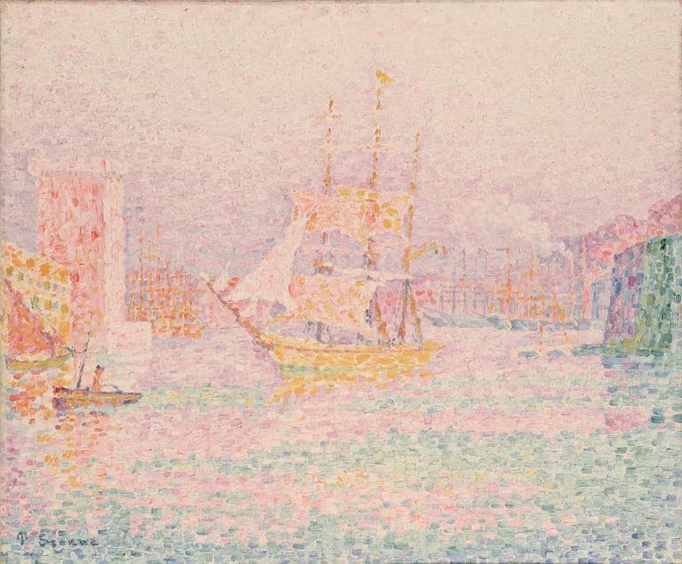 Segelschiff im Hafen, Turm und Ruderboot in zarten rosa und gelben Farbtupfern – Paul Signac Hafen von Marseille Kunstkopie