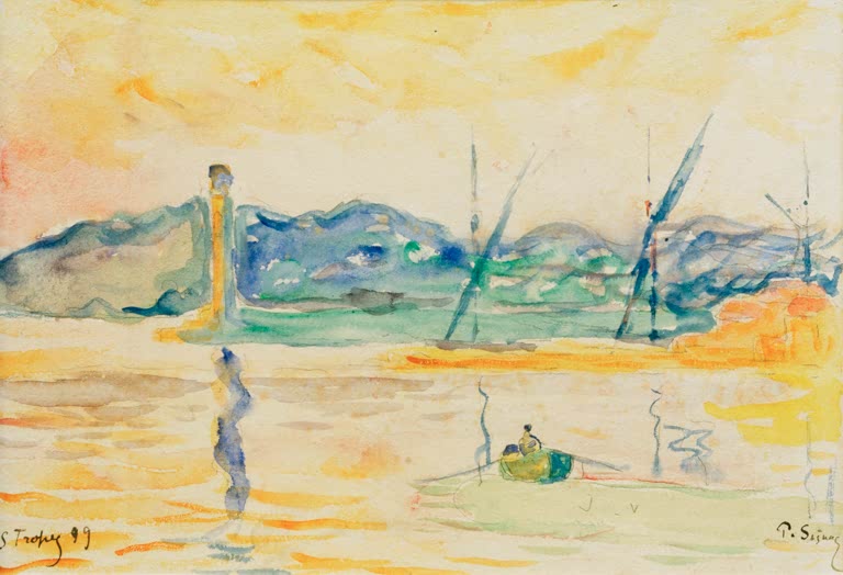 Ruderboot im goldgelben Abendlicht vor blauen Hügeln, Aquarell – Paul Signac Hafeneinfahrt von Saint-Tropez Kunstkopie