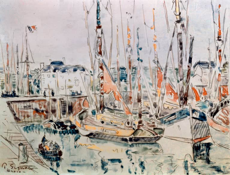 Dicht gedrängte Segelboote und Masten im Hafen, zart aquarelliert – Paul Signac Île de Groix Kunstkopie