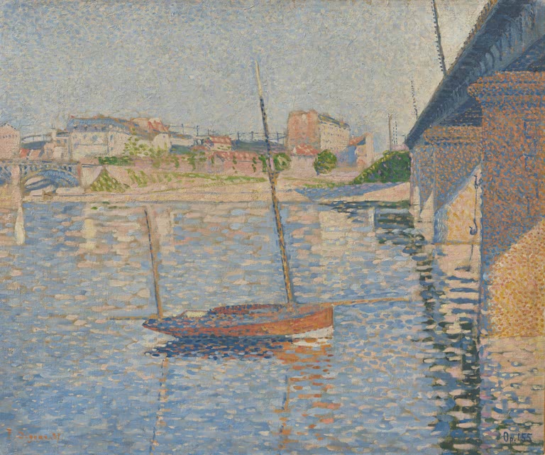 Rotes Segelboot auf glitzerndem Wasser unter einer Eisenbahnbrücke – Paul Signac Klipper Kunstkopie
