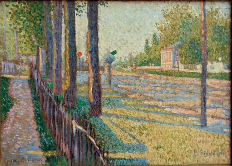 Bahngleise im Sonnenlicht, Zaun und hohe Baumstämme – Paul Signac La route Pontoise Kunstkopie
