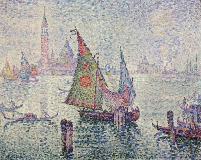 Segelboot mit buntem Segel vor Kirchturm und Gondeln in Venedig im Punktstil – Paul Signac La voile verte, Venise Kunstkopie