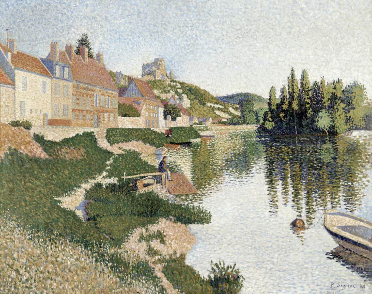 Spiegelndes Flussufer mit Häusern, Tannen und Boot im Punktstil – Paul Signac Les Andelys, la berge Kunstkopie