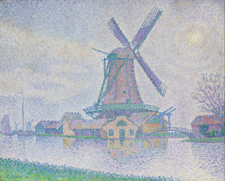 Windmühle mit Flügeln an einem Kanal in dunstigem Licht im Punktstil – Paul Signac Mühle von Edam Kunstkopie